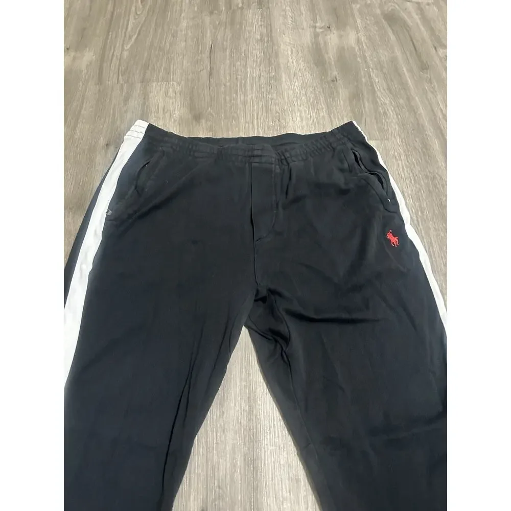 Polo Ralph Lauren Black Track Pants White Stripe Pony Logo Joggers Men’s Large